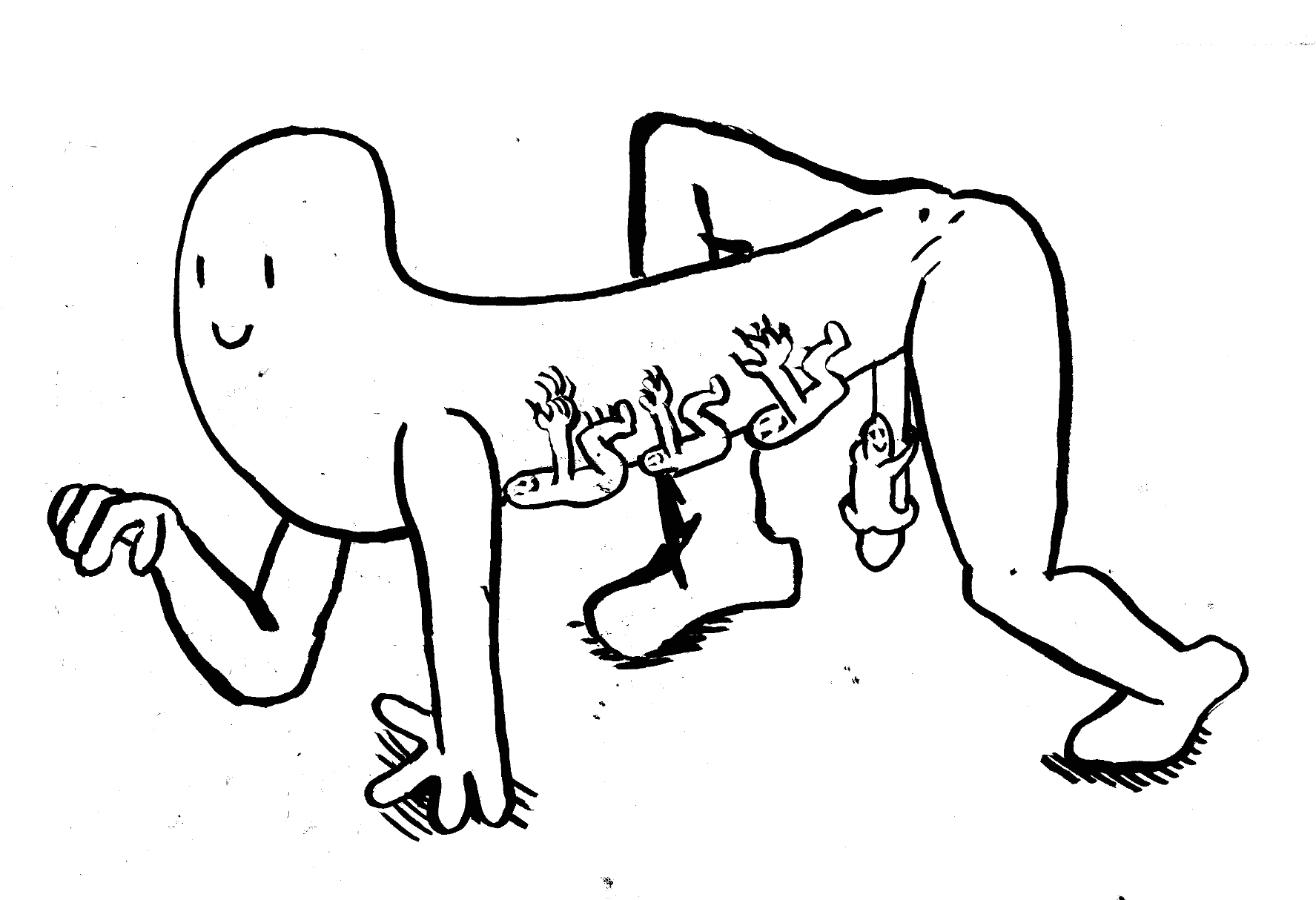 children hanging on penis clinging cling to stomach walking like animal