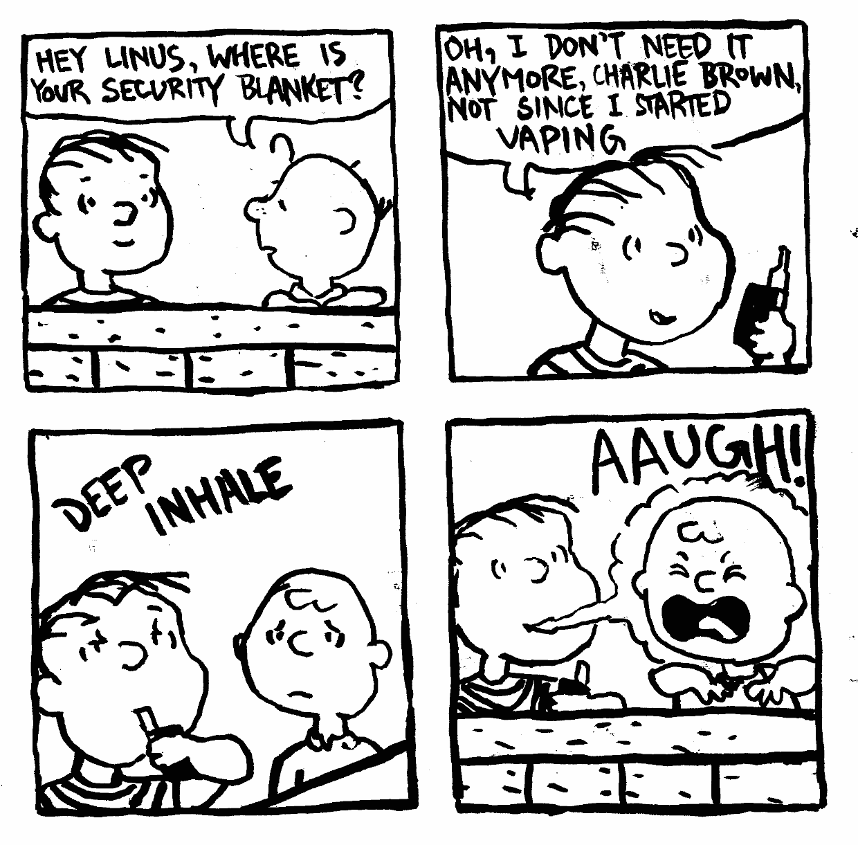 linus charlie brown the wall talking peanuts charles schulz vaping vape don't need it anymore