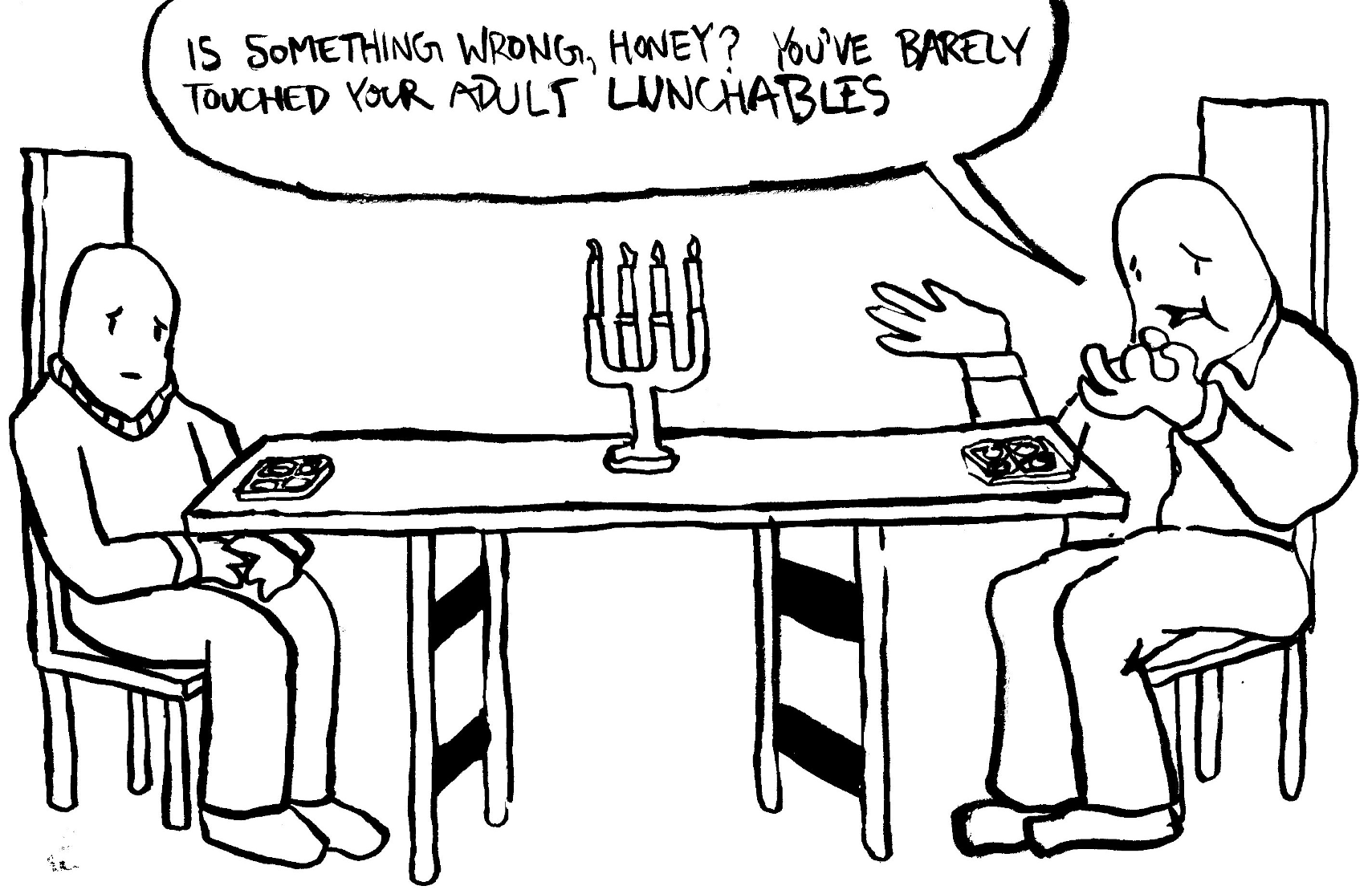 couple sitting across from each other at rickety dinner table sad depressed gay