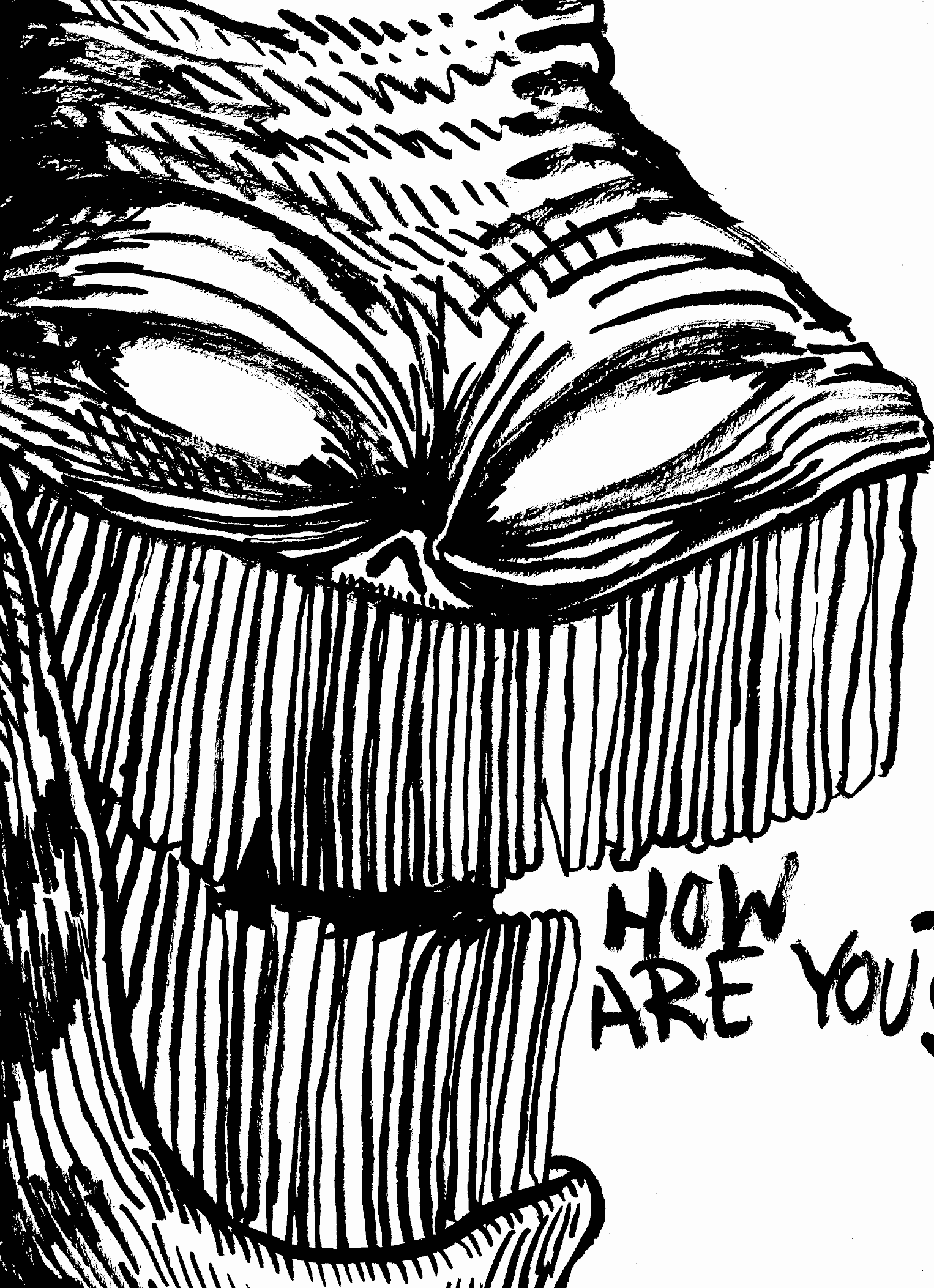 mean face big green evil teeth crooked and narrow too many to count smiling devilish grin