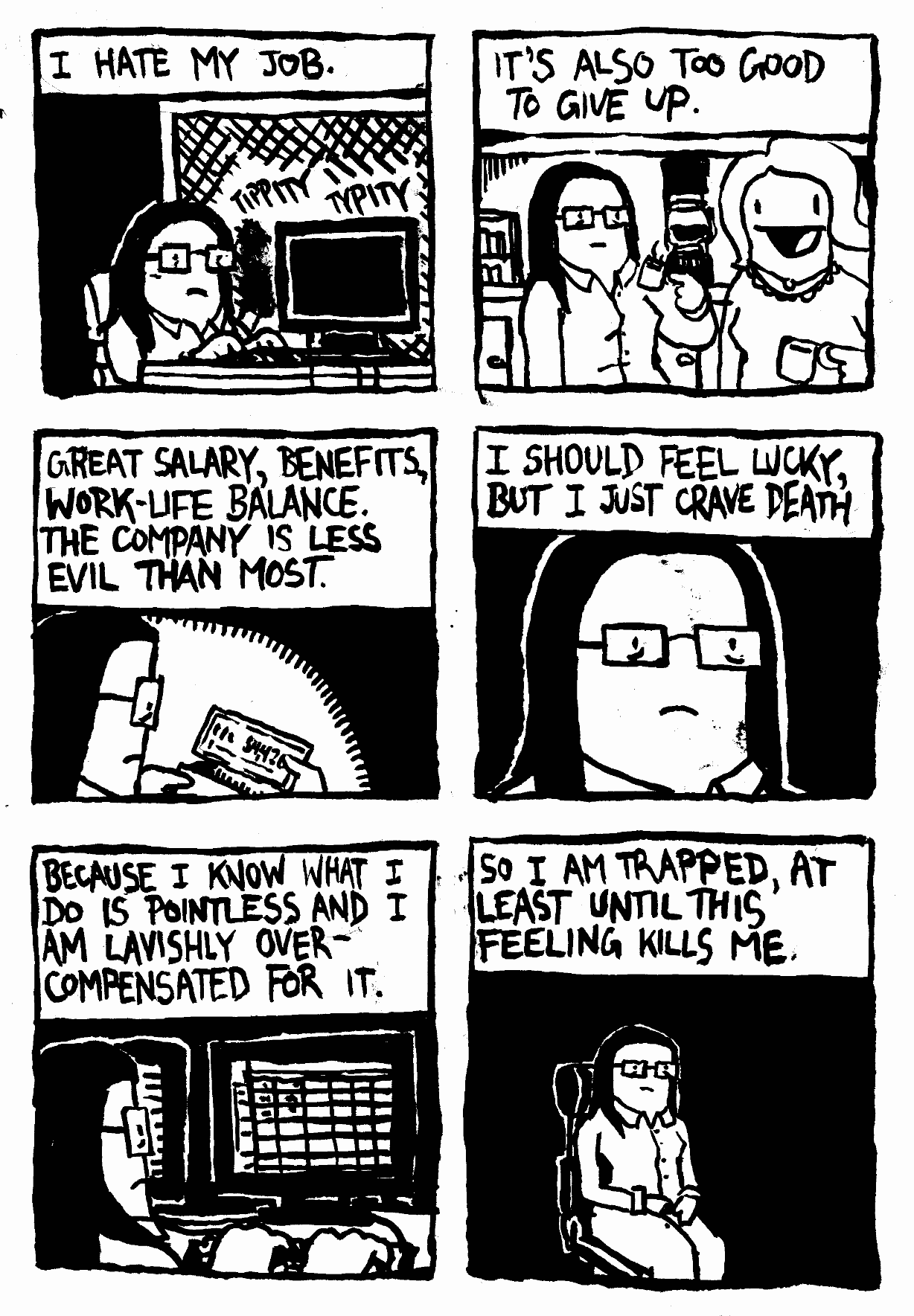 dark haus of decline woman horror comedy works at office has to go on leave imagine suicide self harm exploitation job salary