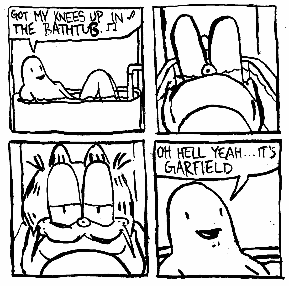 garfield splashing around in the bath penis facing towards head creating nose 