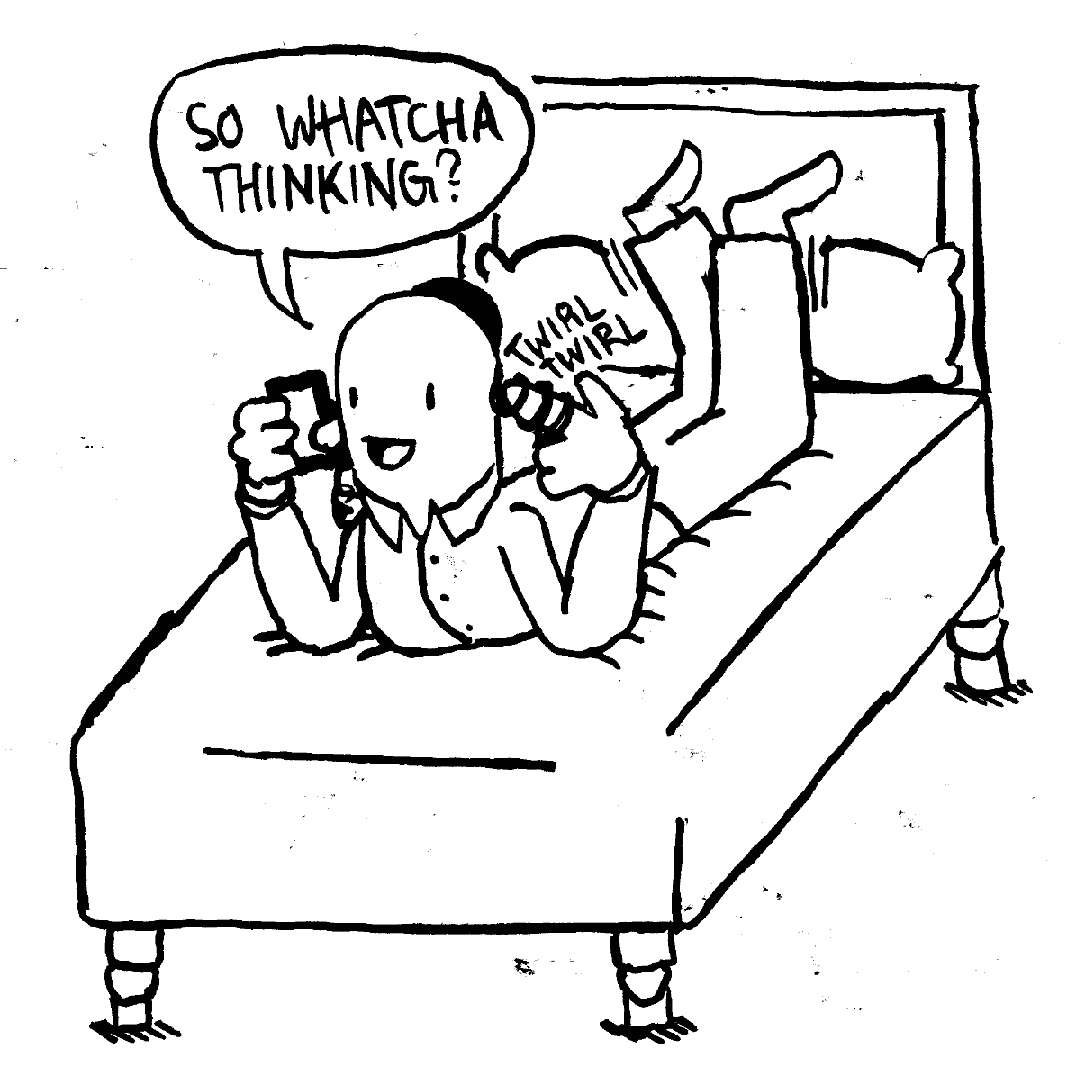 jewish jew man lying stomach down on bed kicking up legs twirling twirl so whatcha thinking