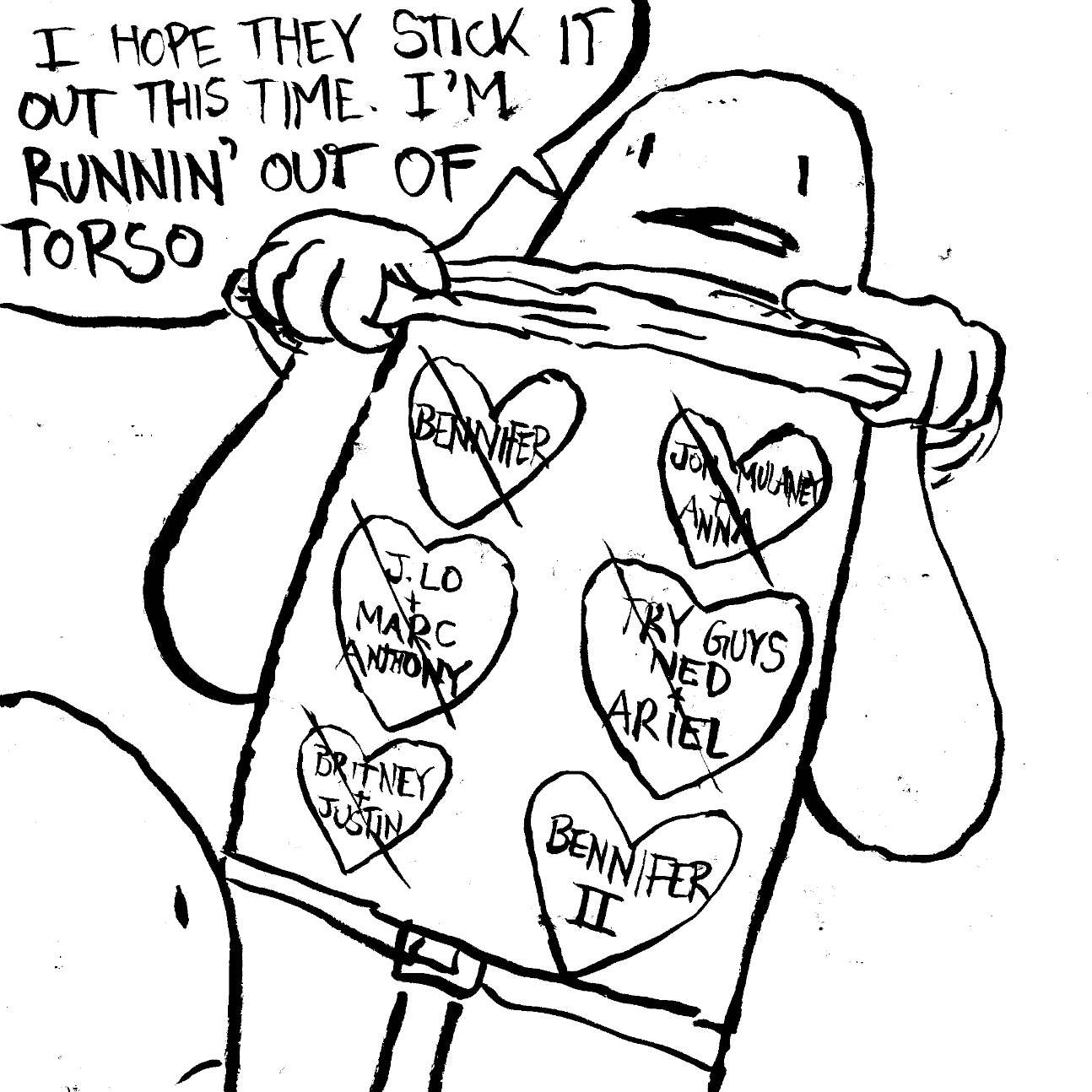 runnin out of torso bennifer john mulaney anna try guys ned ariel marc anthony justin britney heart tattoo crossed out