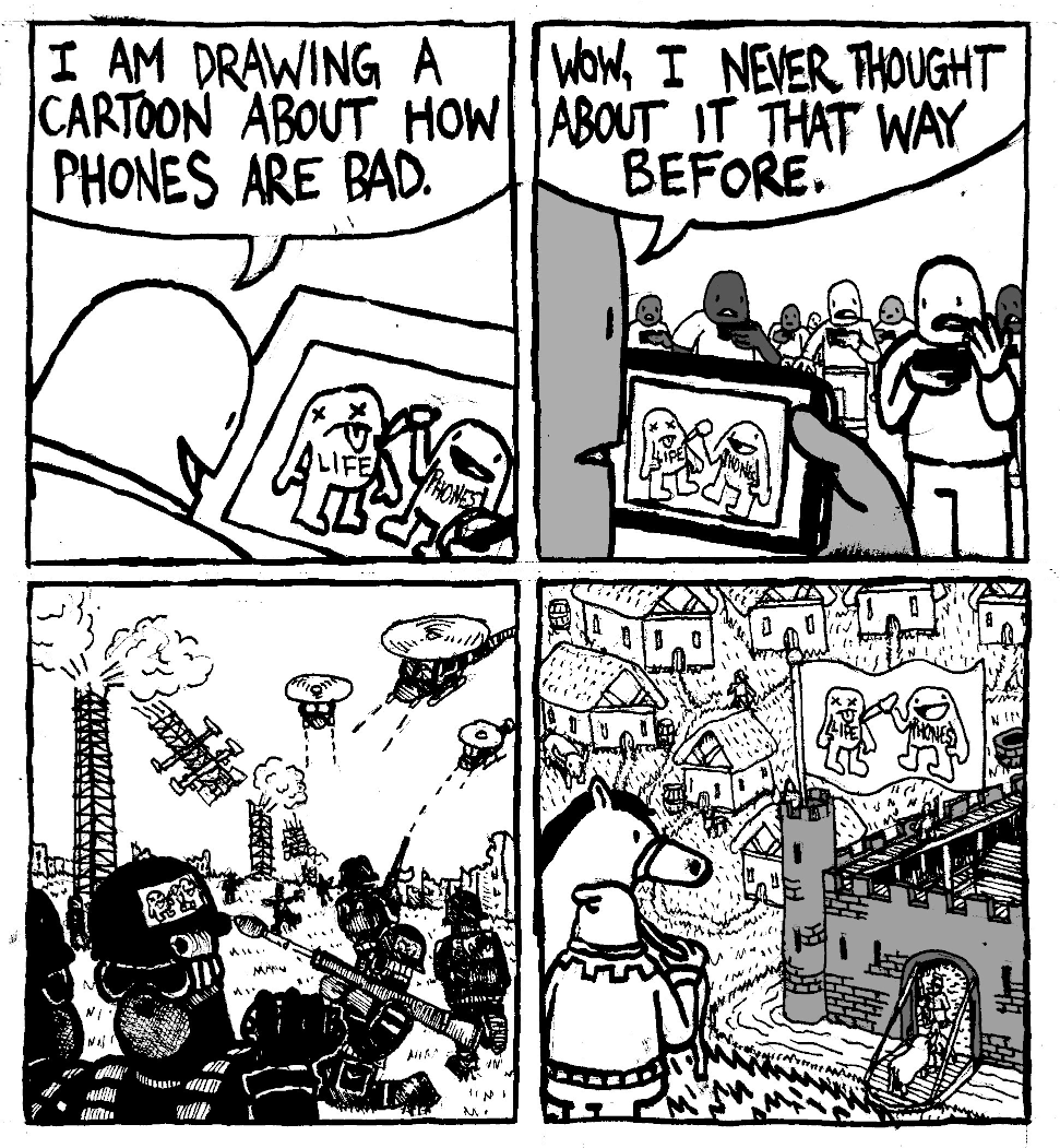 man draws cartoon about bad phone leading to anti technology revolution blowing up cell towers return to medieval village