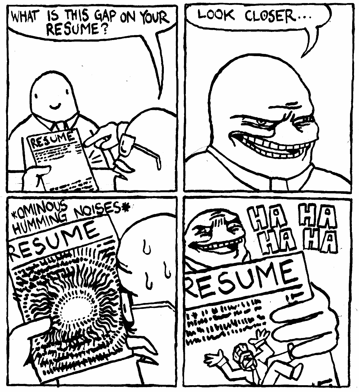 job interview horrible magic falling into void look closer cackling menacingly
